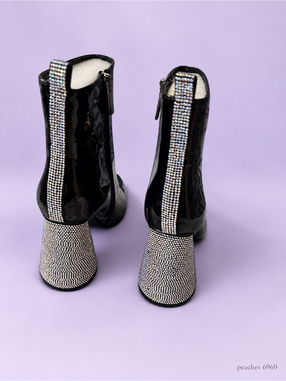 Glittering Black Patent Pointed-Toe Ankle Boots with Rhinestone Pull Tabs Heels